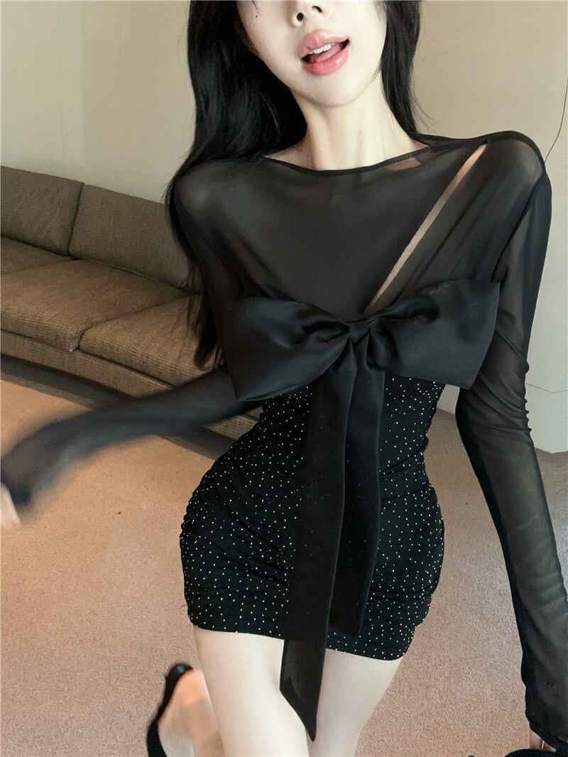 【dress】チュールコンビビジューリボン付きワンピース　M29784