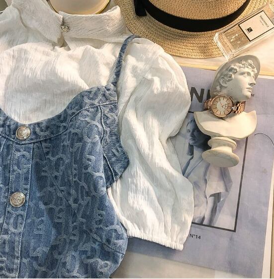 【set】今季大好評半袖無地ブラウス+デニム配色キャミワンピース気質満点セットアップF5489