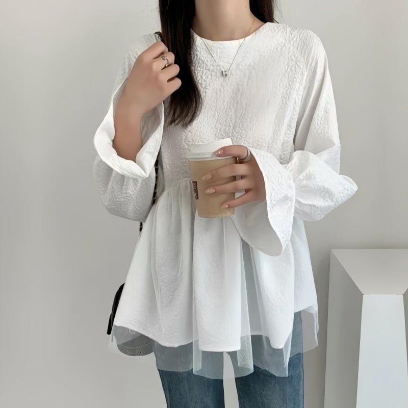 【tops】メッシュ偽二つ切り替えブラウスG20303