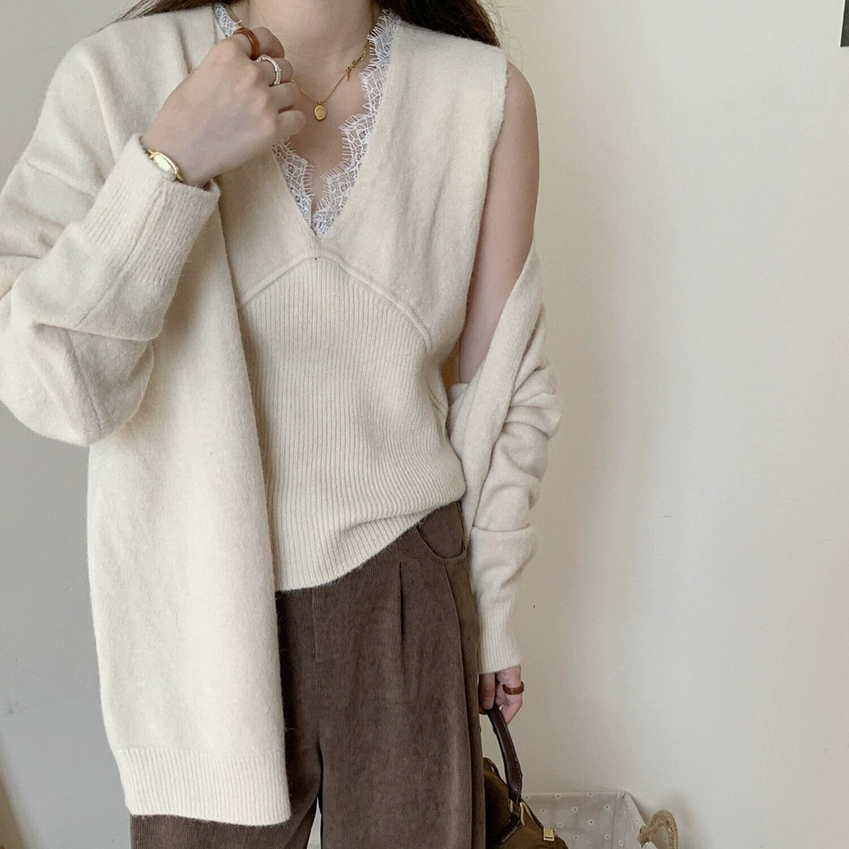 【tops】レース切り替えノースリトップス×カーディガンセット　N2155