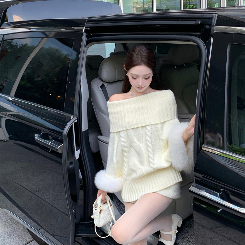 【tops】2WAY袖ファーオフショルニットトップス　N3378