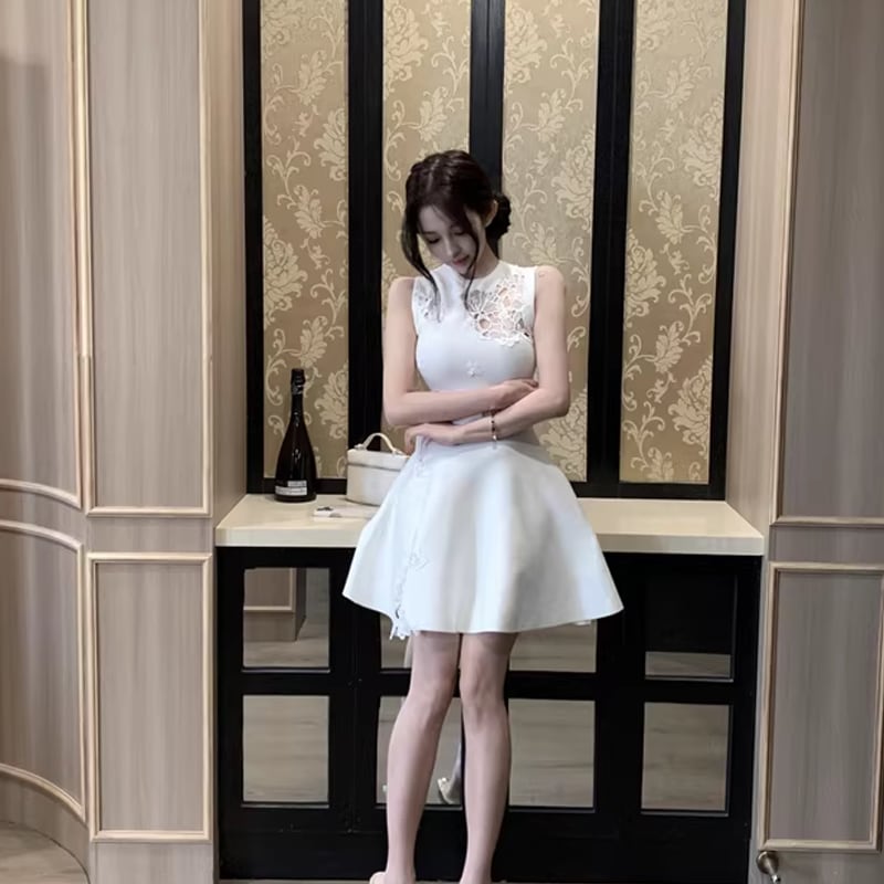 【dress】ノースリーブレースドッキングフレアニットワンピース Q7795