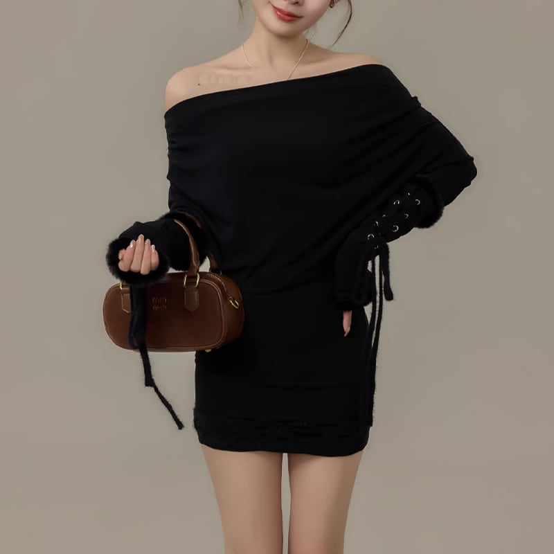 【dress】ファー付きオフショルダーニットワンピース Q7730