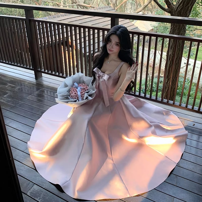 【dress】リボン付きフレアロングキャミワンピース Q8380