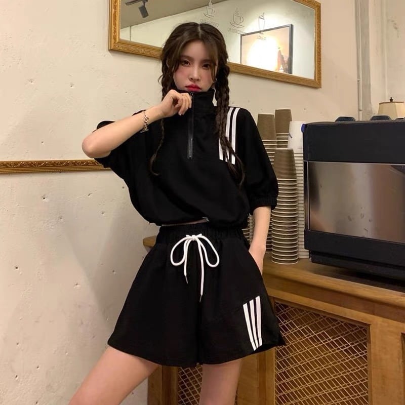 【set】INS風カジュアル気質満点POLOネックトップス+ショートパンツレディース２点セット G13533