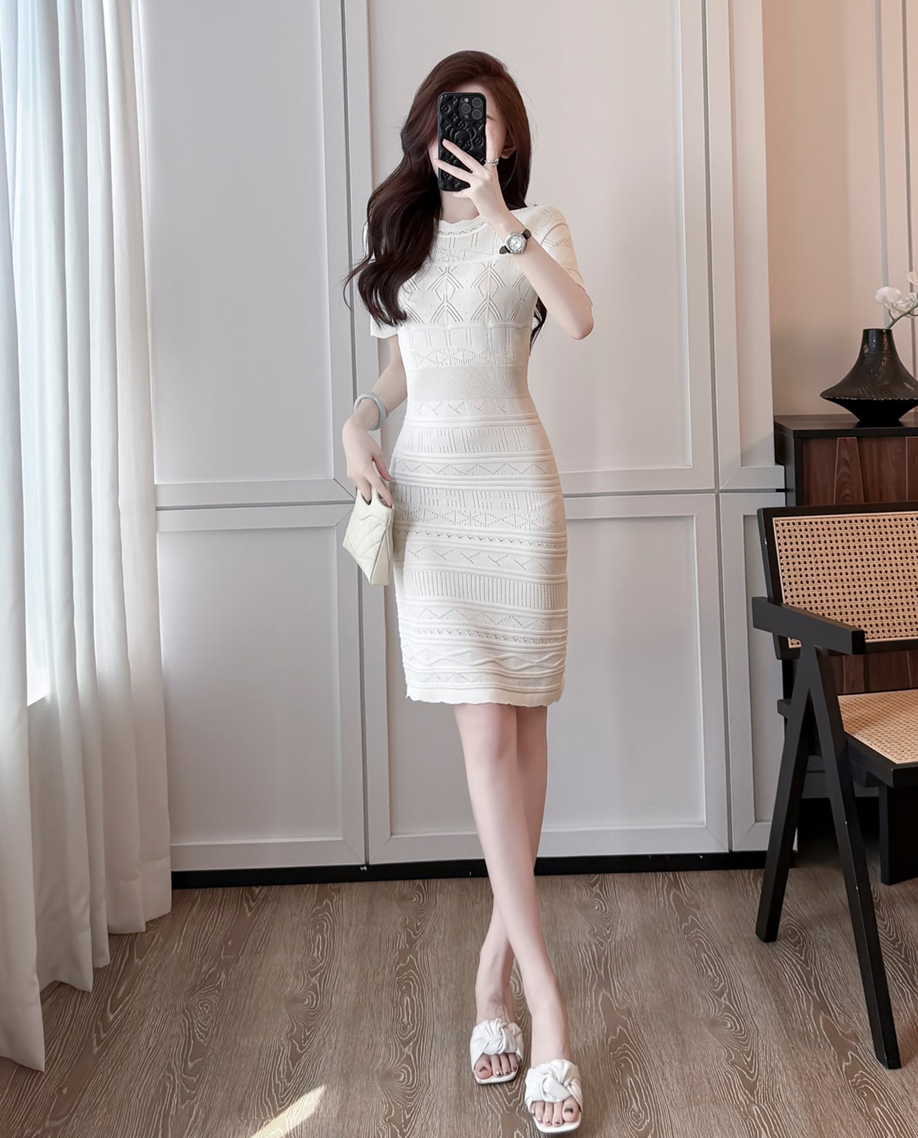 【dress】半袖透かし編みニットワンピース Q8492