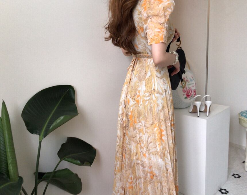 【dress】エレガント!気質満点レトロ韓流スタイルスクエアネックワンピース G6762