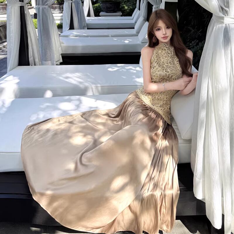 【dress】サテンドッキングノースリーブロングワンピース Q8045