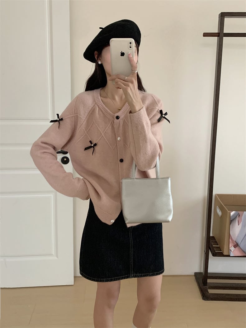 【outer】リボン付きニットカーデ　M25988