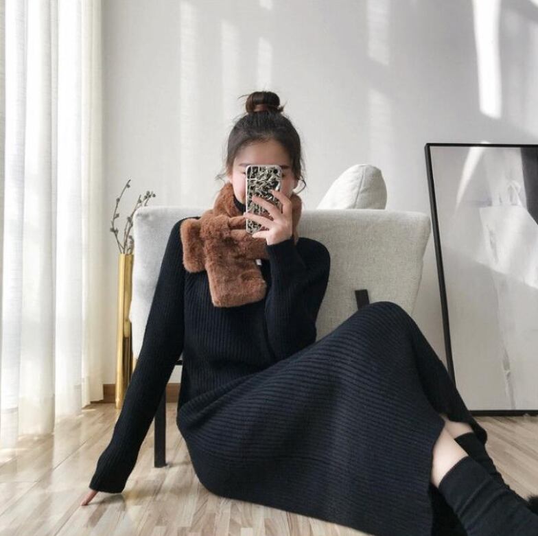 【dress】秋冬気質満点レトロフランス風着痩せハイネックニットワンピース G2598