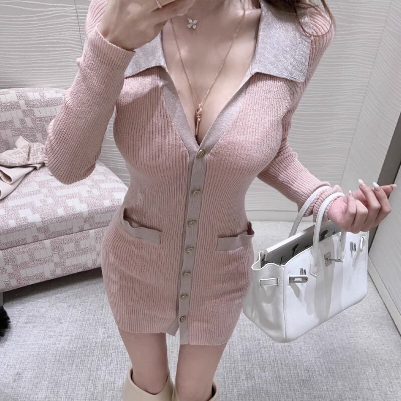【dress】Vネックニットワンピース Q7188