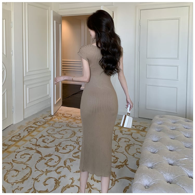 【dress】Vネックニットスリットワンピース G21278