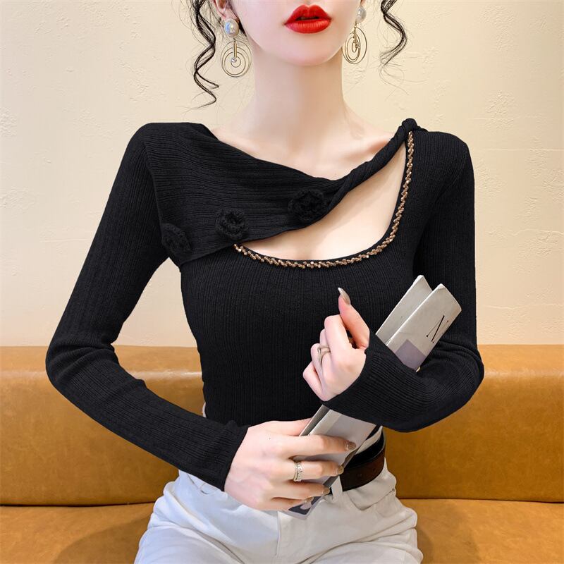【tops】ビジュー立体フラワーニットトップス　M27727