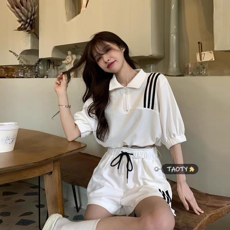 【set】INS風カジュアル気質満点POLOネックトップス+ショートパンツレディース２点セット G13533