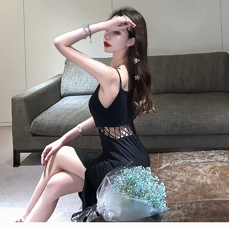 【dress】オシャレ度満点〜!フランス風気質満点夏セクシーVネックスリットキャミワンピース G8213