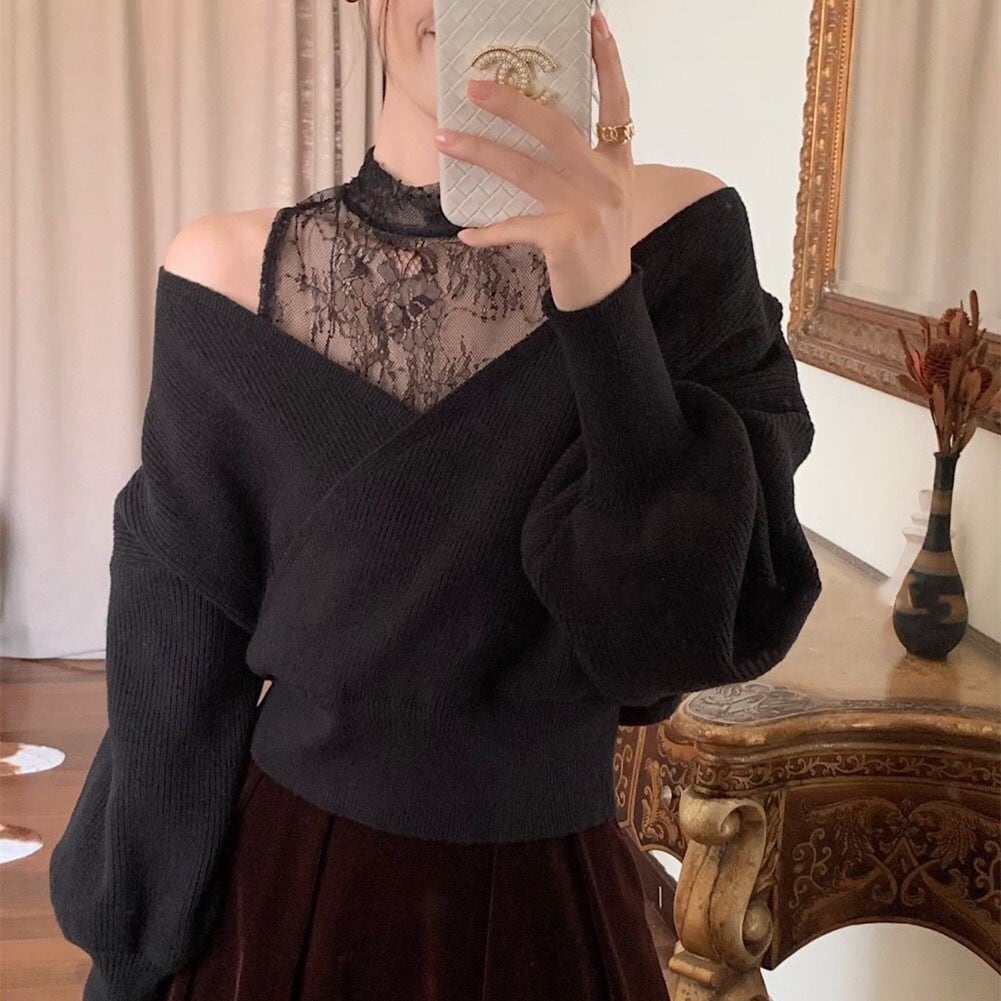 【tops】レースドッキングニットトップス     N2127