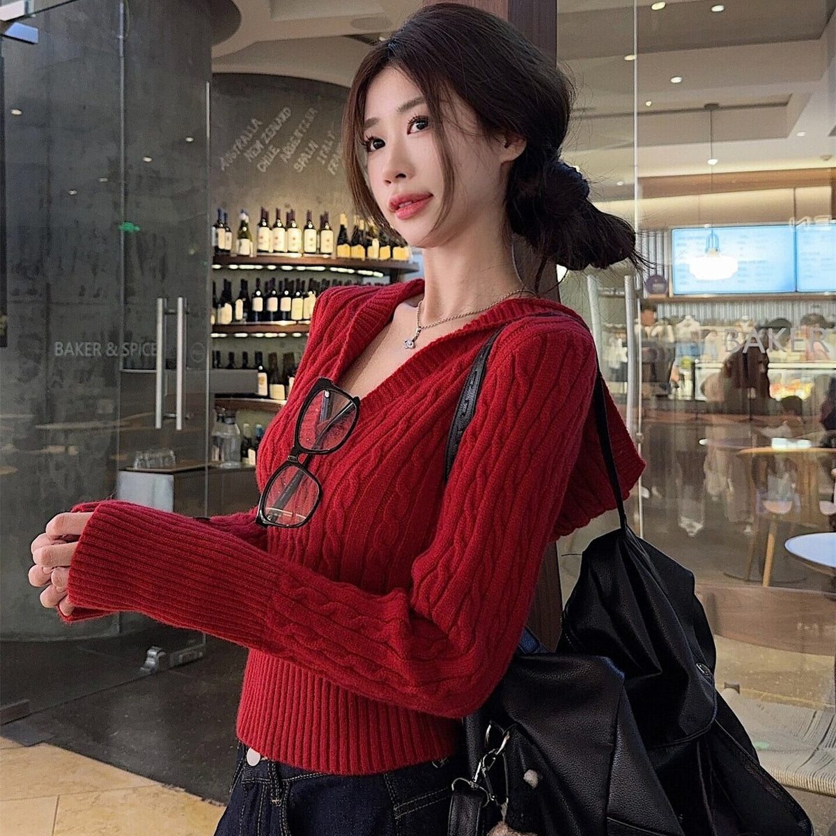【tops】Vネックフード付きニットセーター　M28798