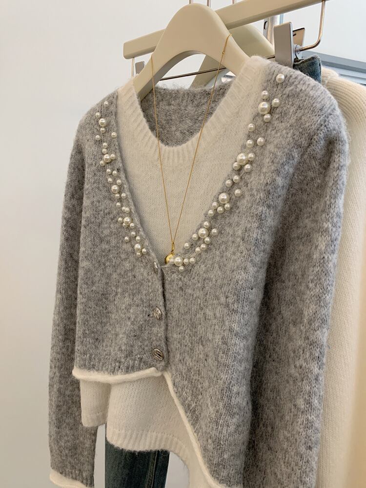 【tops】パールドッキングニットセーター　M29136