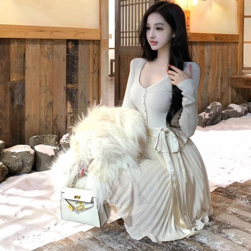 【dress】リボン付きプリーツニットワンピース Q7283