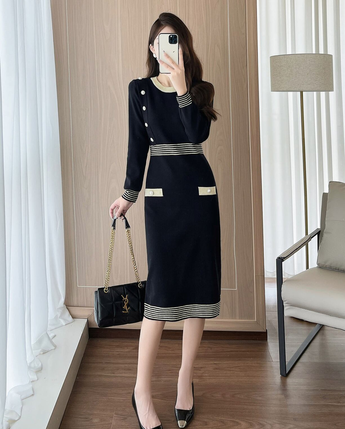 【dress】ボーダー柄ニットワンピース Q7299