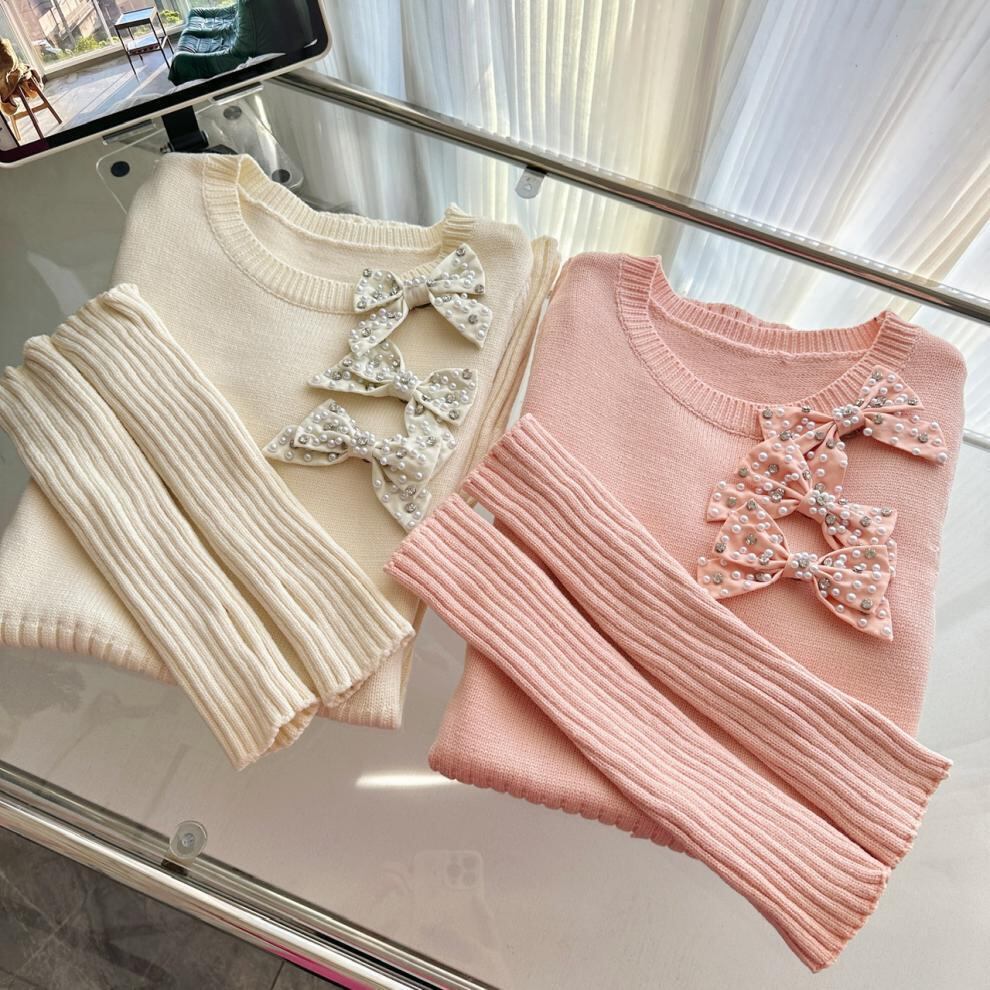 【dress】パールリボン付きニットワンピースアームカバー付き　M27726