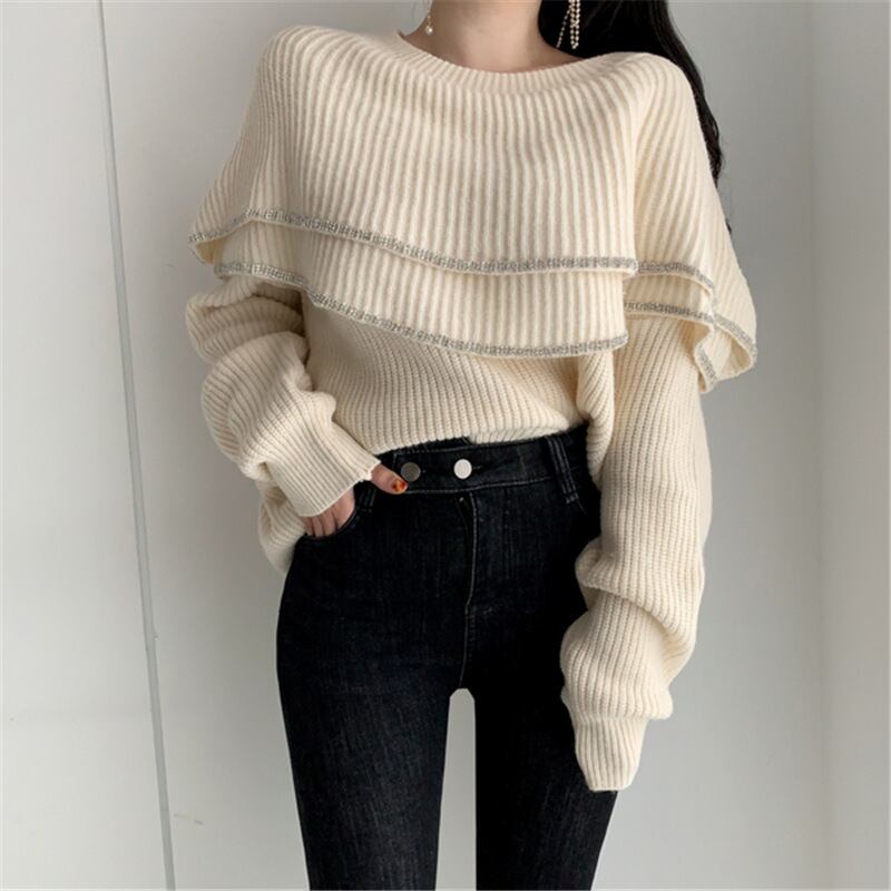 【tops】細身効果抜群♪2タイプラウンドネック長袖フリル配色ファッション着回しニットセーターF0920