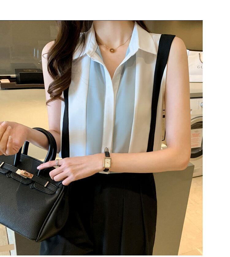 【tops】女性力を高める〜ラペルノースリーブ配色ファッションゆったり着回しタンクトップF0555