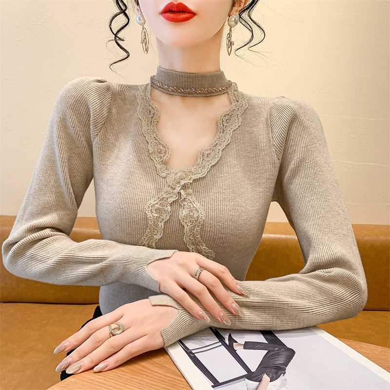 【tops】ビジューレース切り替えニットトップス　M27732