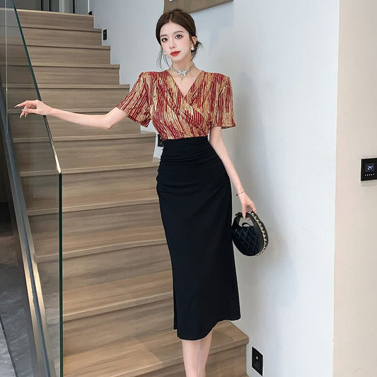 【dress】Vネック切り替えスリットワンピース G21104