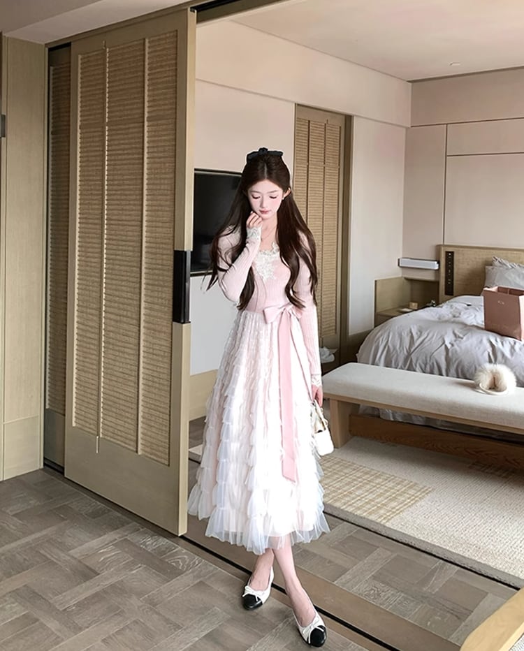 【dress】レース付きニットドッキングチュールワンピース Q7646