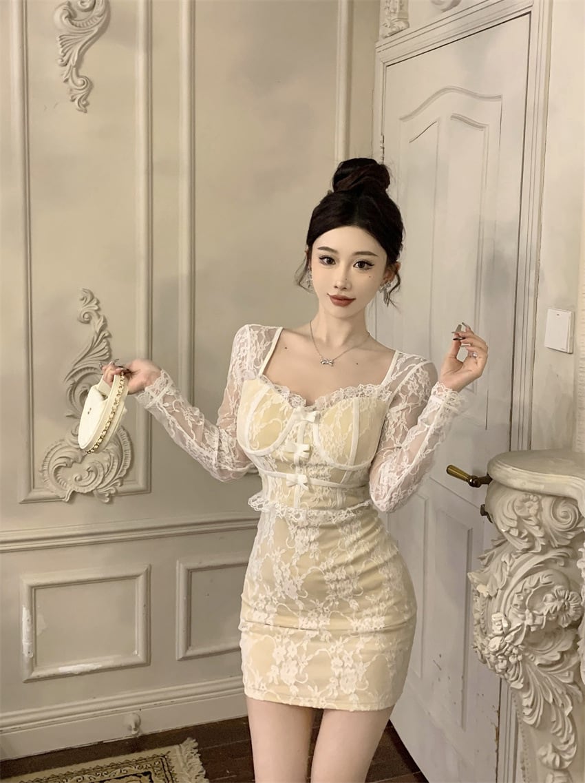 【dress】リボン付きレース切り替えワンピース　M26395
