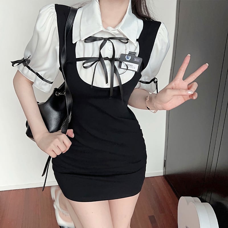 【dress】リボン付きフェイクレイヤードワンピース Q8415