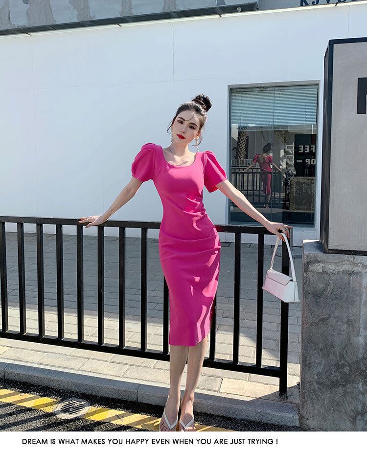 【dress】一目惚れ！韓国風INS風OL通勤スクエアネック半袖パフ袖スリット無地タイトワンピースF2364