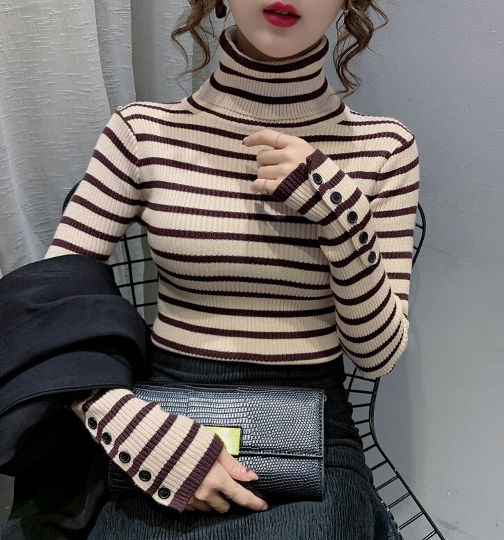 【tops】一目惚れ！4色ハイネック長袖体型カバーボーダー柄ファッションニットセーターF1046
