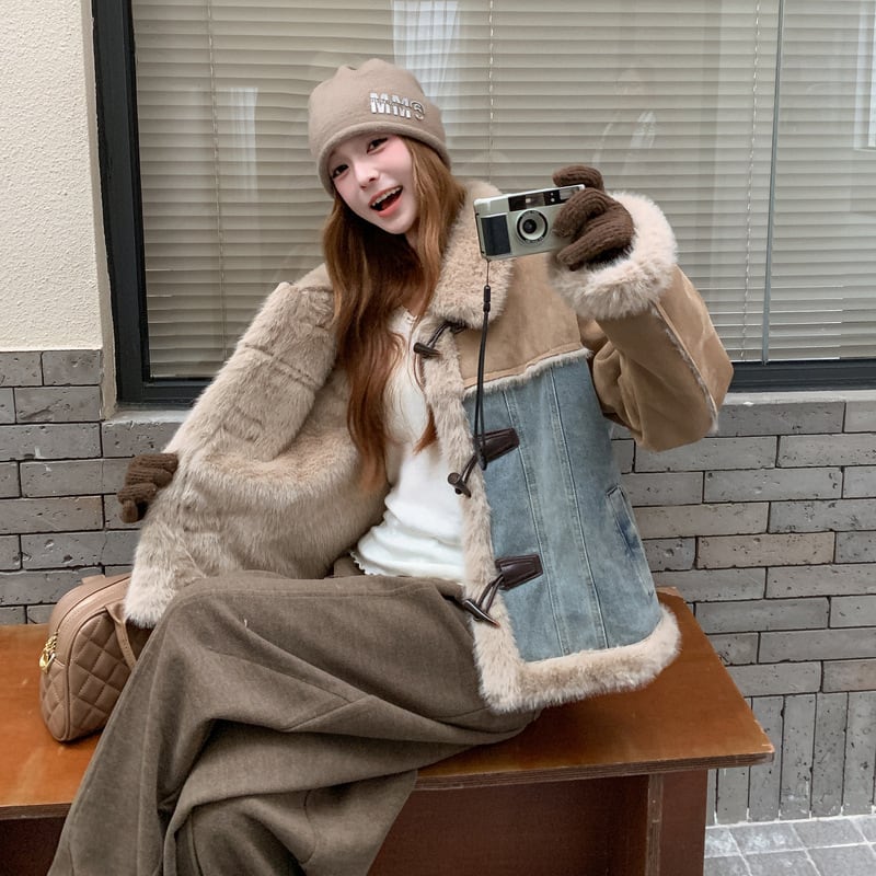【outer】ファー付きデニムドッキングコート Q7483