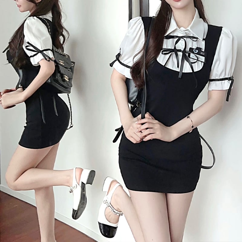 【dress】リボン付きフェイクレイヤードワンピース Q8415