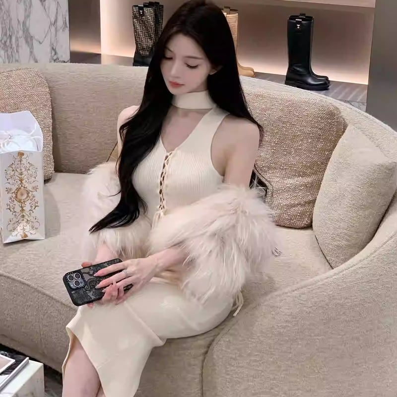 【dress】ストラップデザインロングニットキャミワンピース Q7803