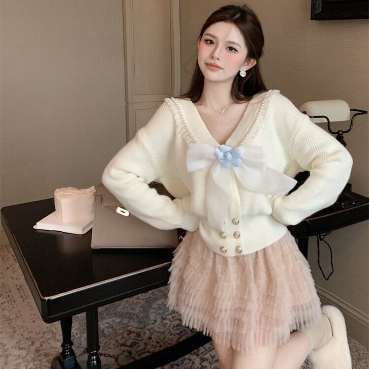 【tops】リボン付きニットセーター　M28472