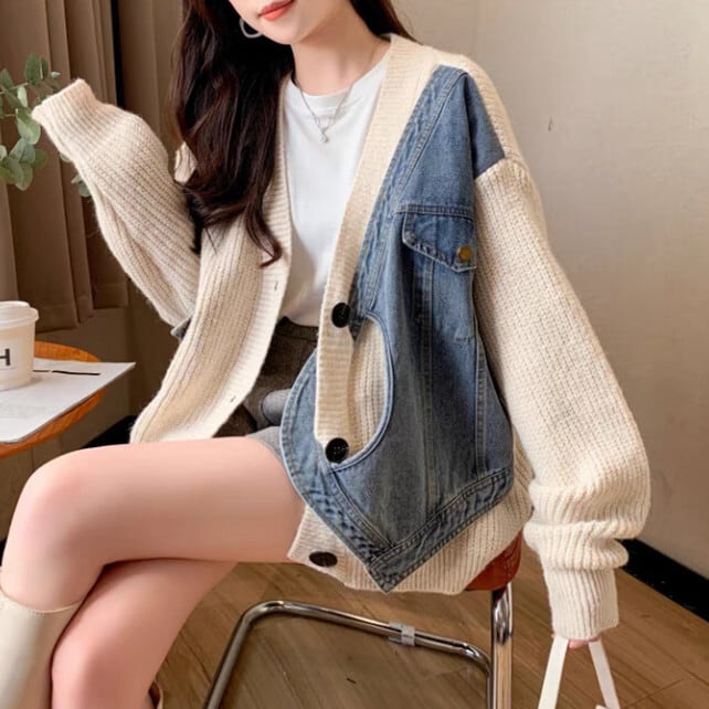 【outer】デニム切り替えニットカーデ　M29328