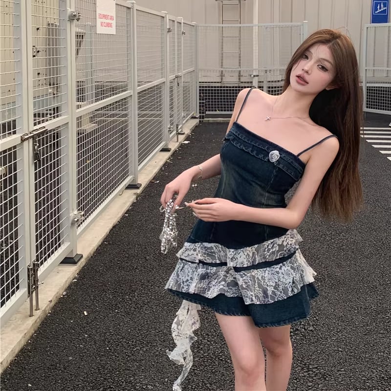 【dress】レースドッキングデニムキャミワンピース Q8205