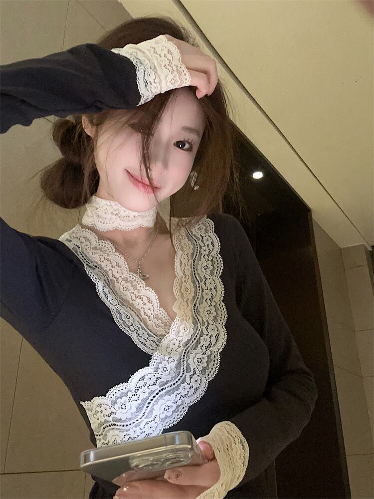 【tops】レース切り替え長袖シャツ　M28348