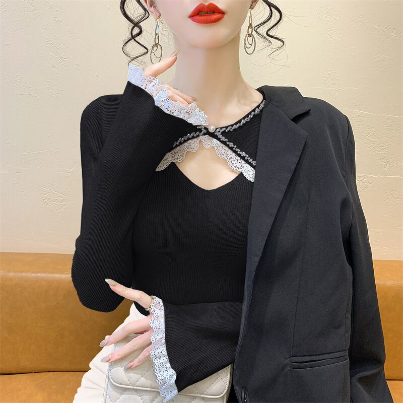 【tops】ビジューレース切り替えニットトップス　M27966