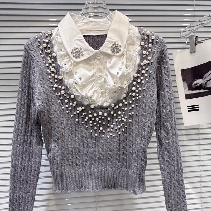 【tops】パール付きフェイクレイヤードニットトップス Q7998