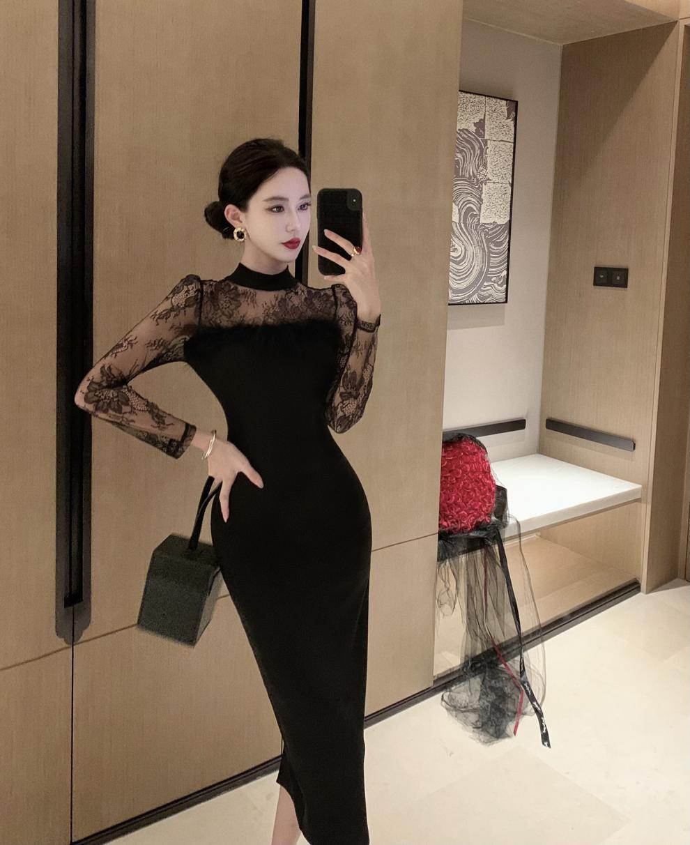 【dress】透け感フェイクファーデートワンピース　N2397