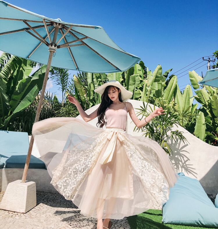 【bottoms】春夏気質アップINS風着痩せハイウエスト花柄メッシュスカート