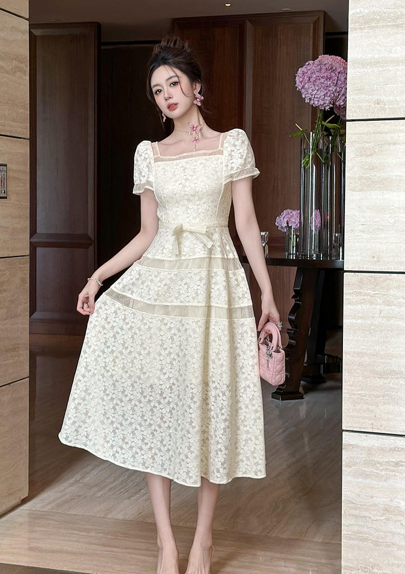 【dress】半袖スクエアネックレースロングワンピース Q8482