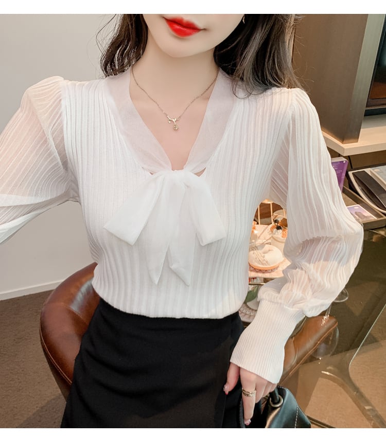 【tops】Vネック切り替えニットブラウスG16806