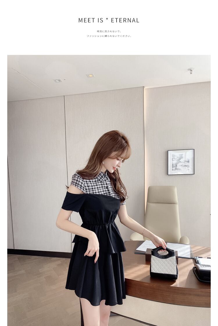 【dress】高級感!気質満点OL通勤POLOネック切り替えチェック柄ワンピースF0033