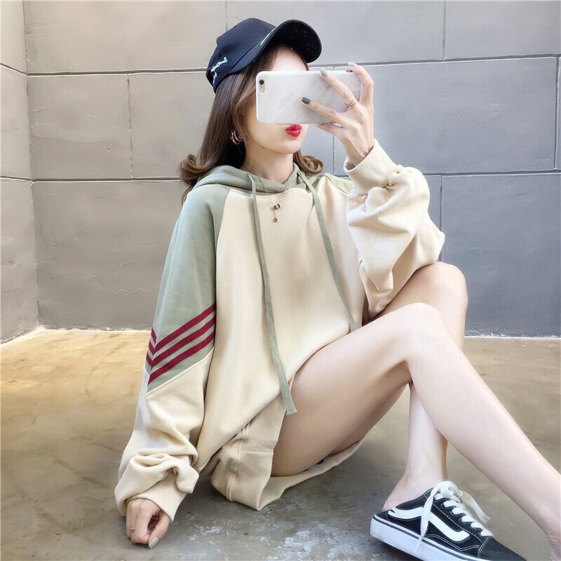 【tops】韓国ファッション長袖フード付き配色ゆったりカジュアルパーカーW0368