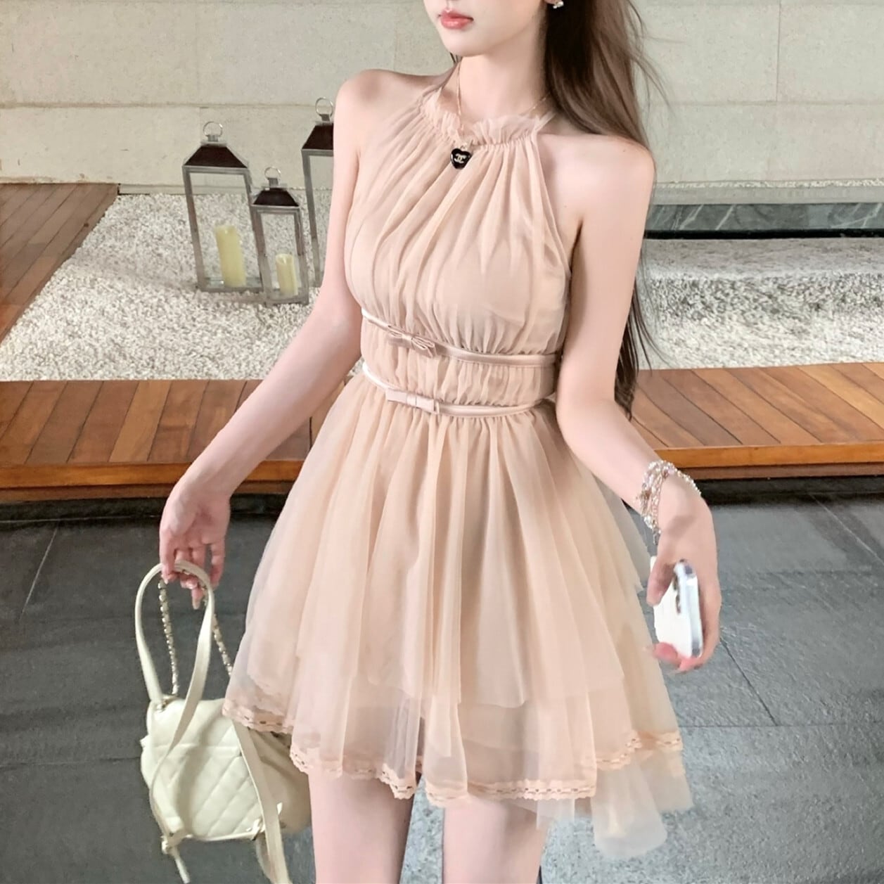 【dress】バックリボンチュールミニワンピース　M31380
